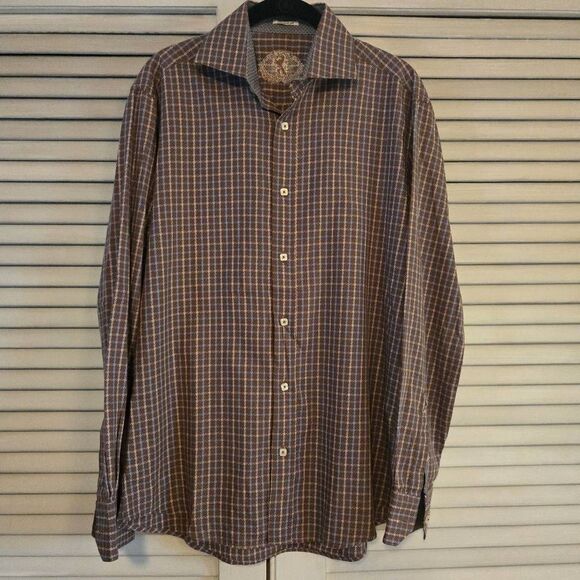 Bugatchi Brown Blue Plaid Button Down Long Sleeve Shirt Medium - Picture 1 of 11